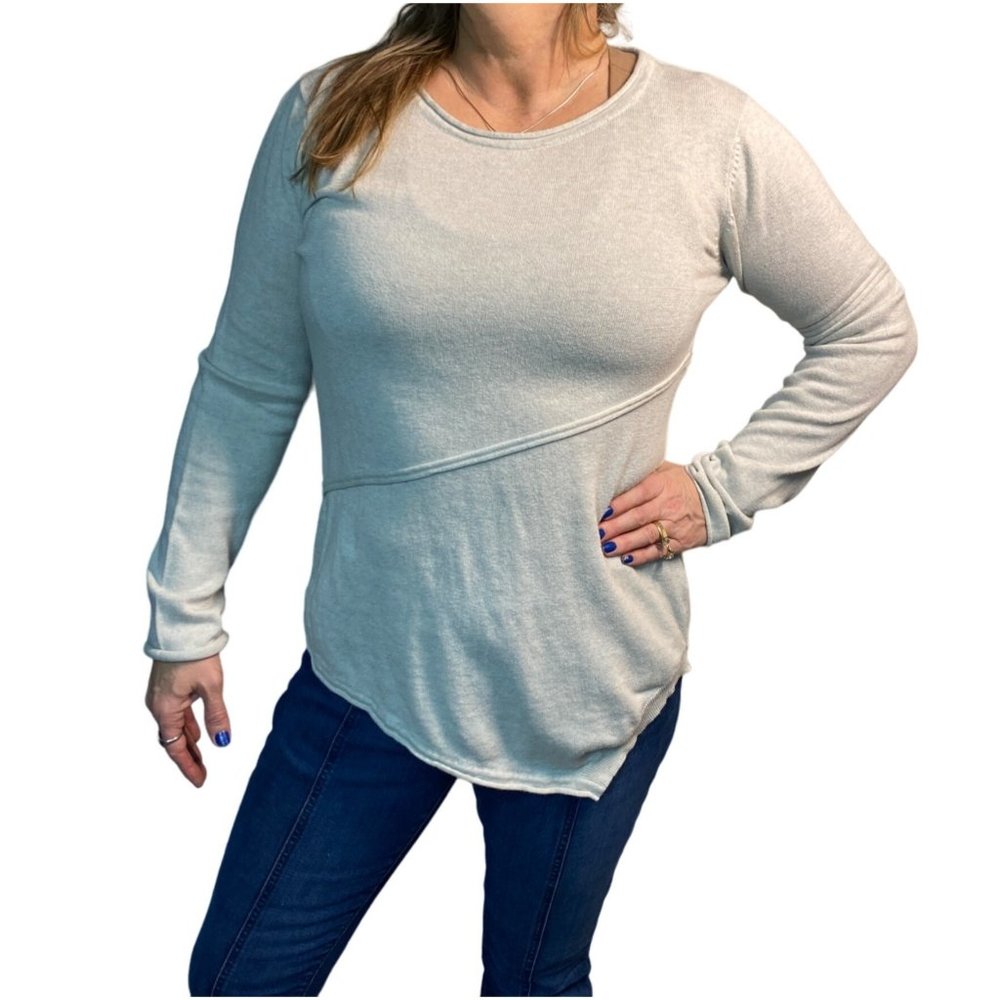 Prana Womens sweater knit pullover tan beige, roll neck, logo organic cotton Med